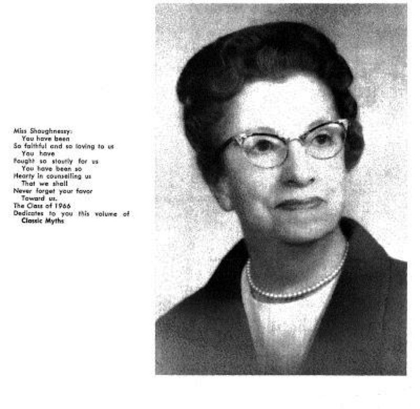 Dedication to Anna C. Shaugnessy from the Classical High School yearbook of 1966.